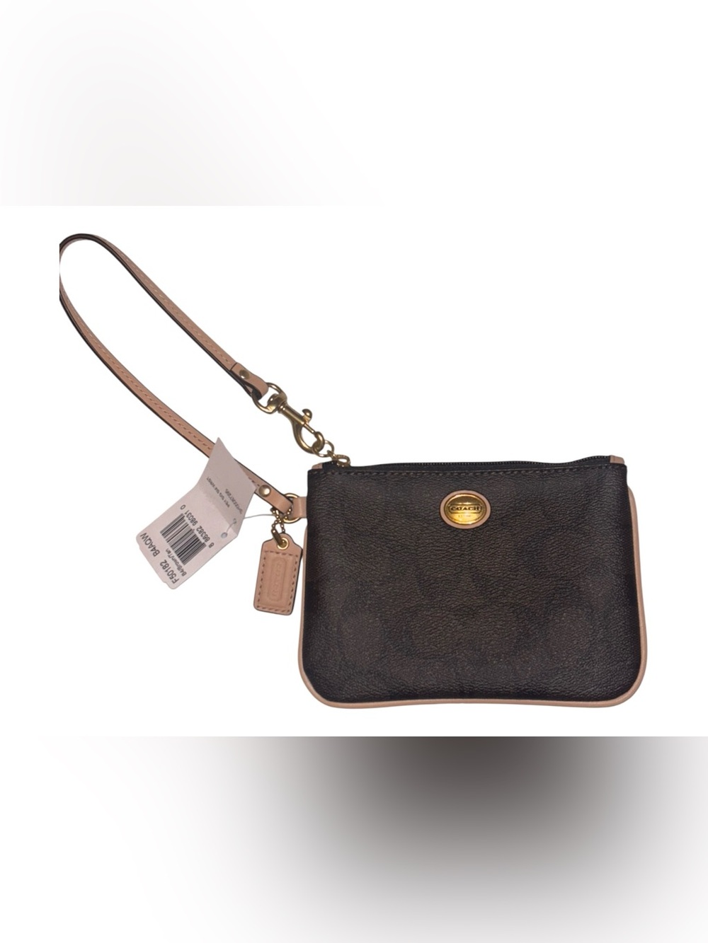 Coach Brown Signature Canvas Wristlet with Tan Trim NWT 4.5 X 6”